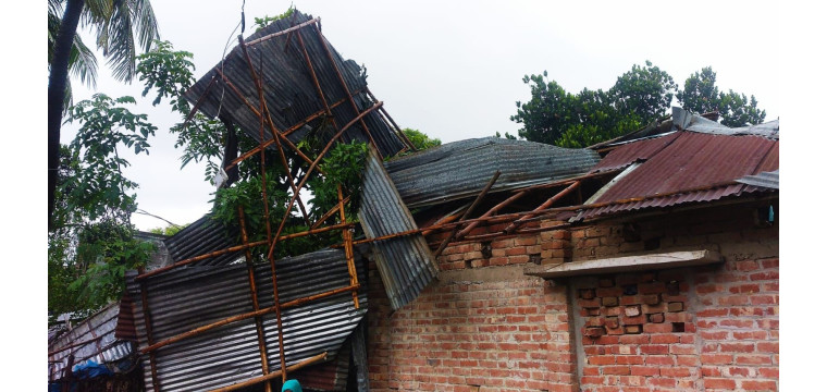 ভোলাহাটে ঝড়ের আঘাতে ঘরের চালা গাছের মগডালে