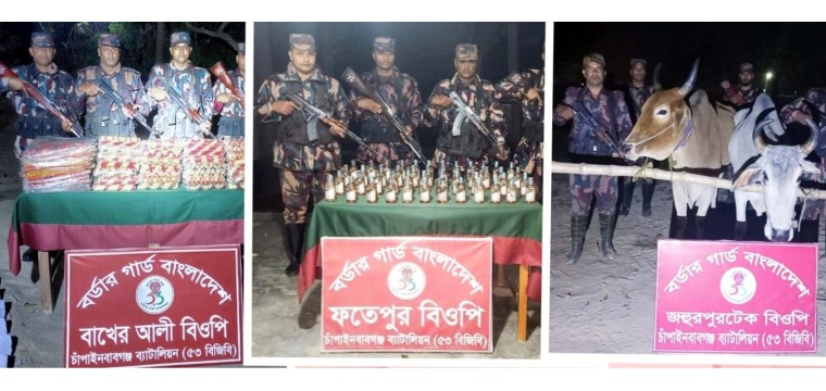 সীমান্তে ৫৩ বিজিবির পৃথক পৃথক অভিযানে ভারতীয় মদ, শাড়ী, চাদর ও ২টি গরু জব্দ  